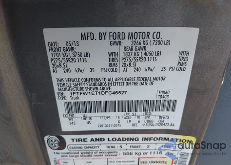 2013 Ford F-150 Lariat from USA, damaged, VIN 1FTFW1ET1DFC46527
